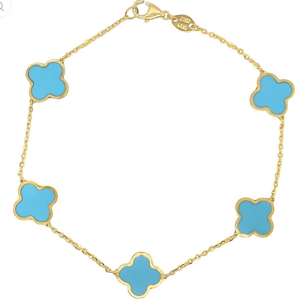 Chic Gold Bracelet with Blue Clover Accents 14k solid gold 7 inches